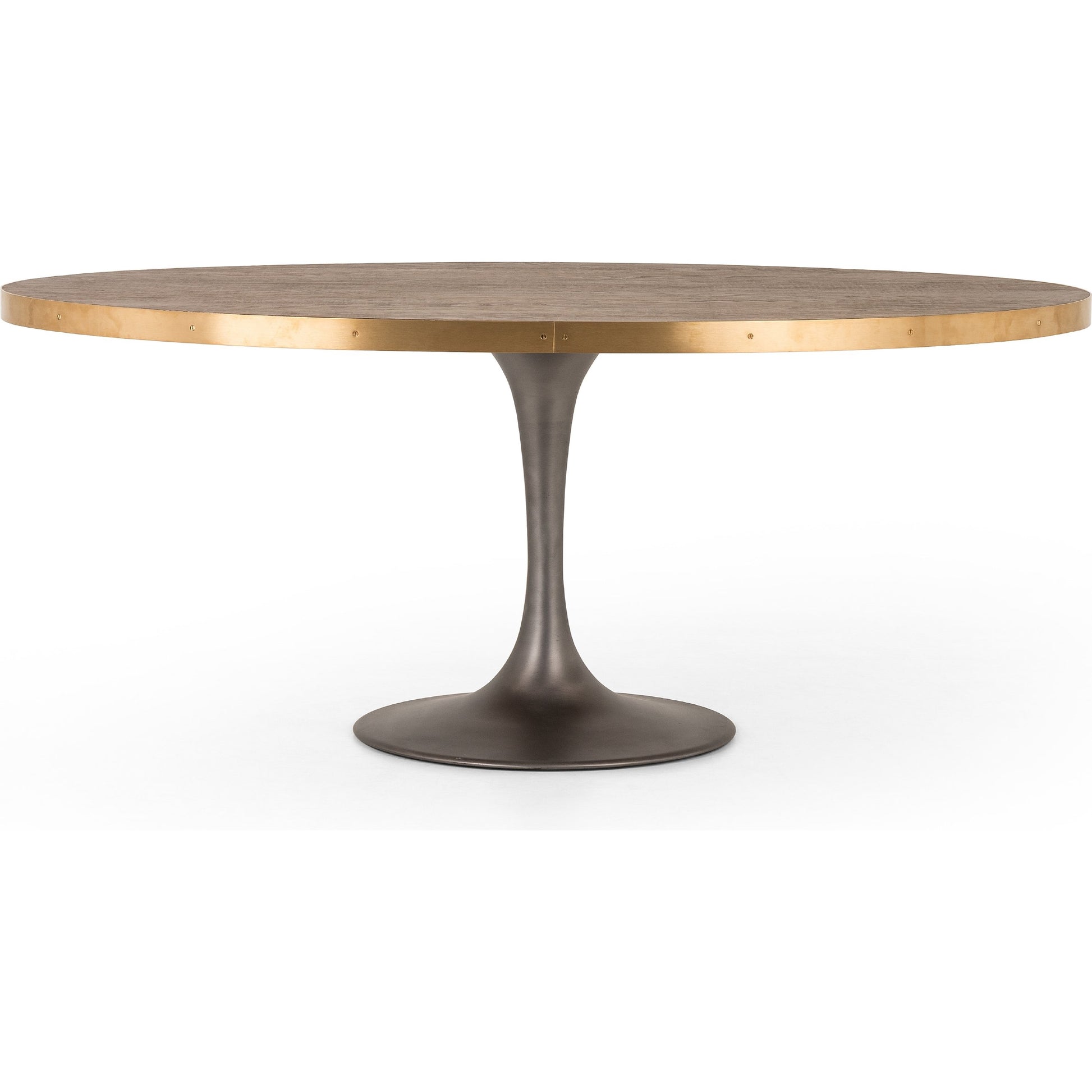 Evans Oval Dining Table by Four Hands in reclaimed burnt oak, vessel grey, polished brass. Made from solid reclaimed oak, iron, stainless steel in a modern style.