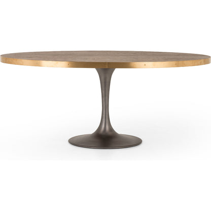 Evans Oval Dining Table by Four Hands in reclaimed burnt oak, vessel grey, polished brass. Made from solid reclaimed oak, iron, stainless steel in a modern style.