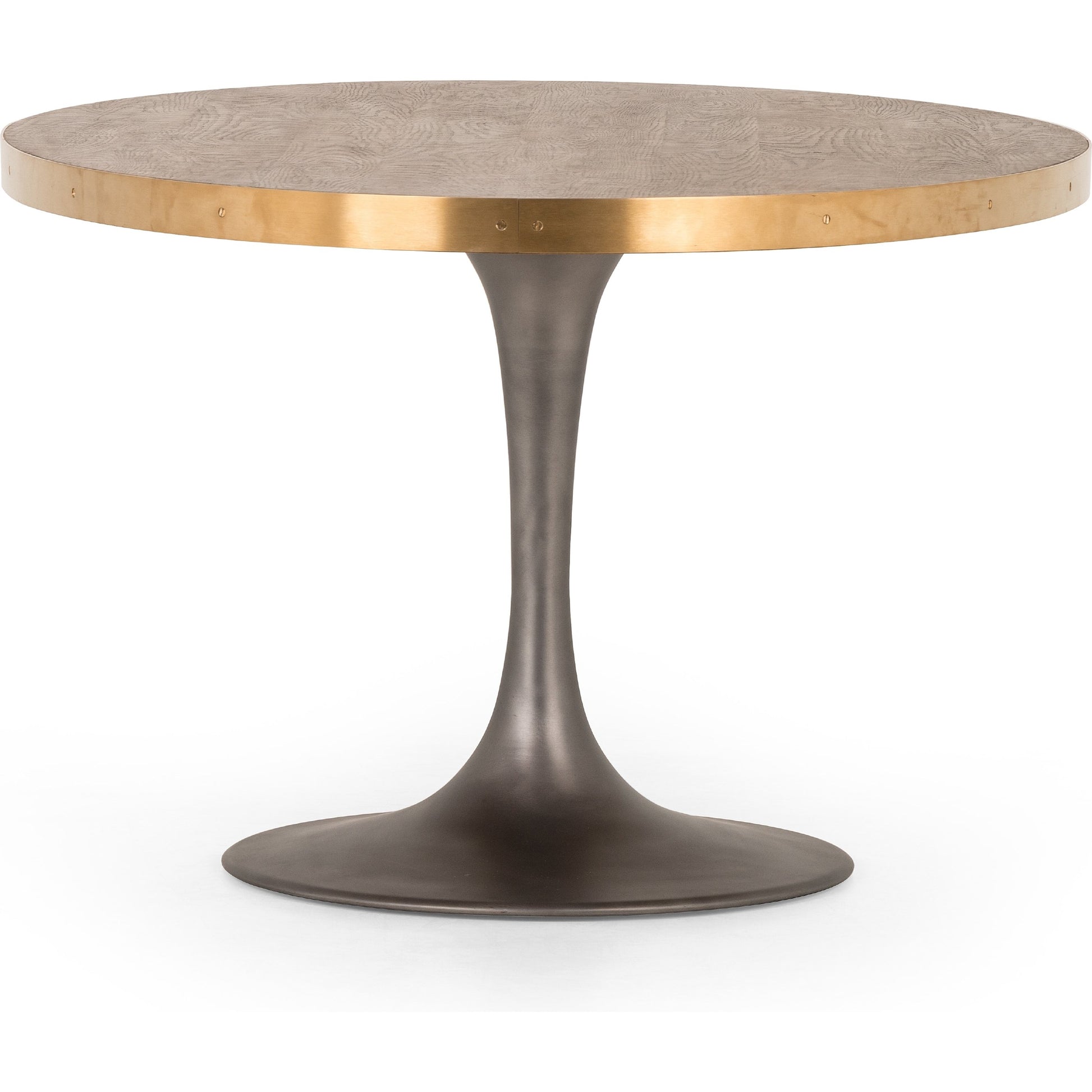 Evans Oval Dining Table by Four Hands in reclaimed burnt oak, vessel grey, polished brass. Made from solid reclaimed oak, iron, stainless steel in a modern style.