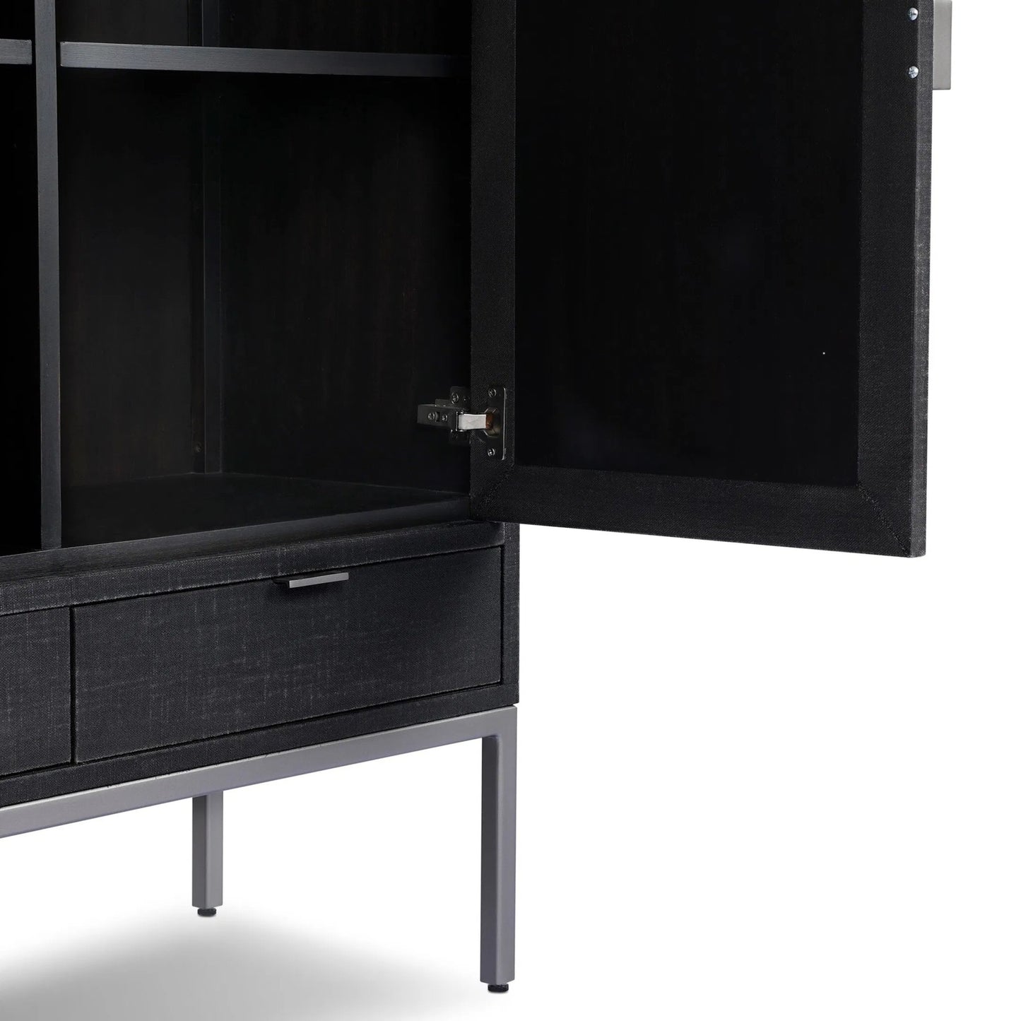 004 SI-2635291 | Closeup | Cressida Bar Cabinet by Four Hands in black linen, gunmetal. Made from painted linen, steel in a unique style.