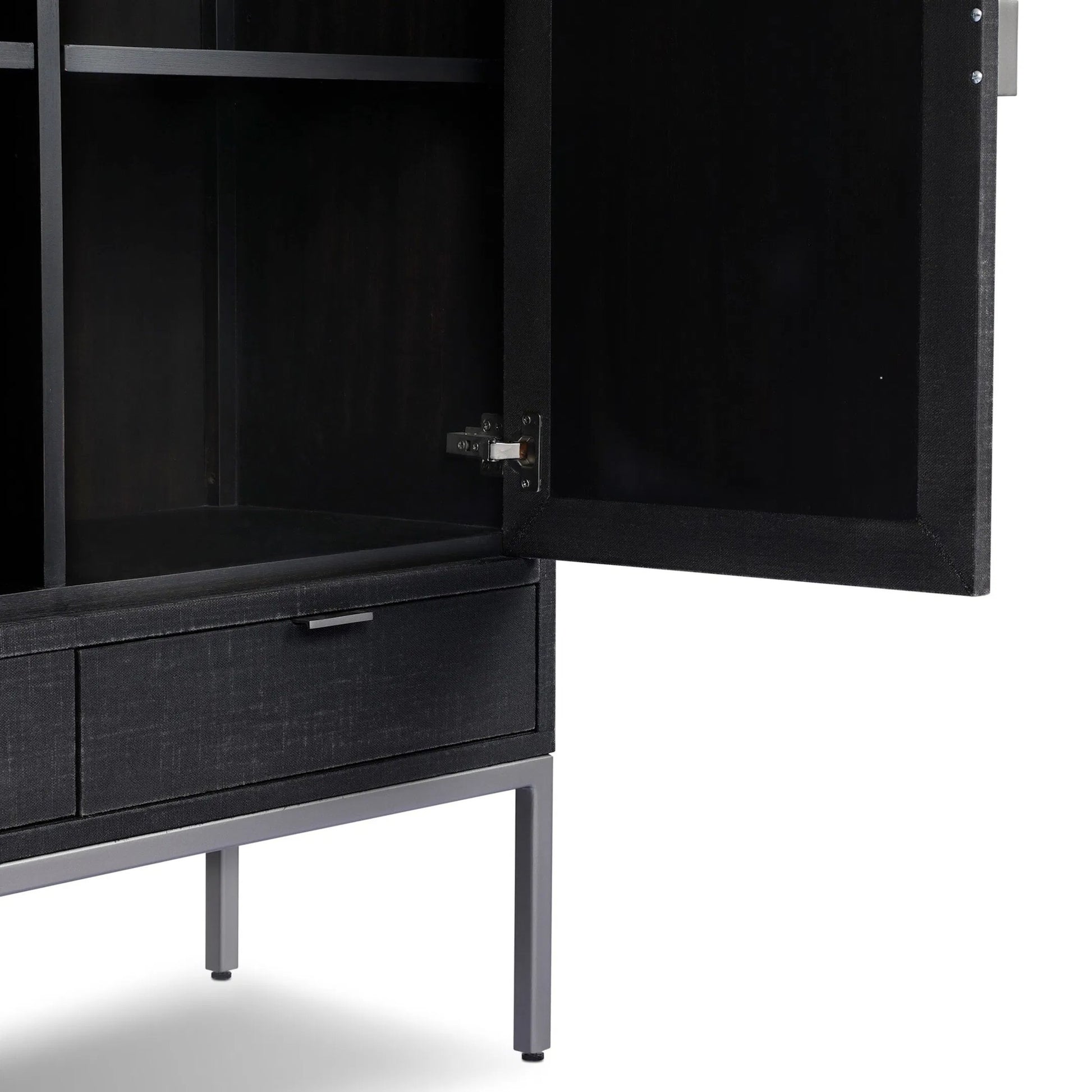 Cressida Bar Cabinet by Four Hands in black linen, gunmetal. Made from painted linen, steel in a unique style.