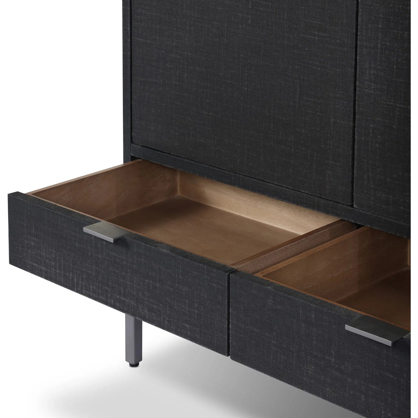 005 SI-2635291 | Closeup | Cressida Bar Cabinet by Four Hands in black linen, gunmetal. Made from painted linen, steel in a unique style.