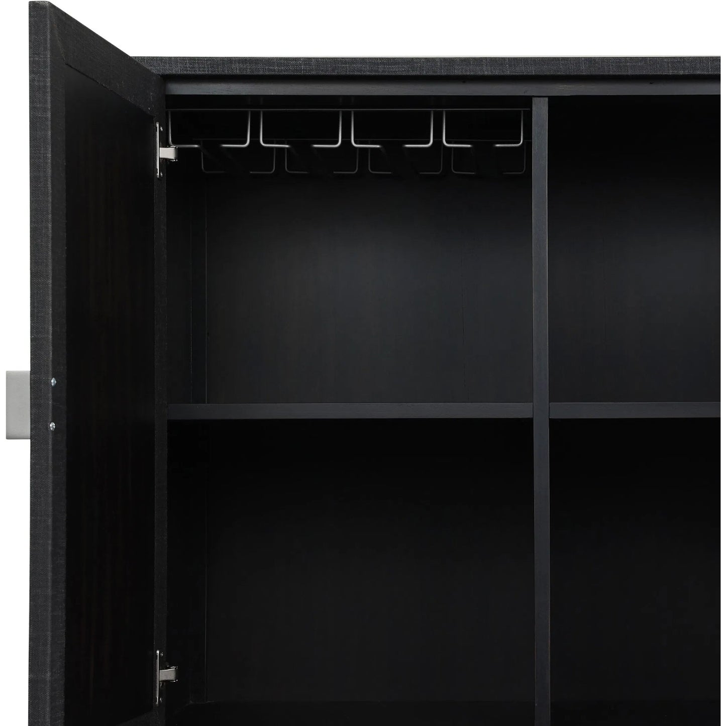 008 SI-2635291 | Closeup | Cressida Bar Cabinet by Four Hands in black linen, gunmetal. Made from painted linen, steel in a unique style.