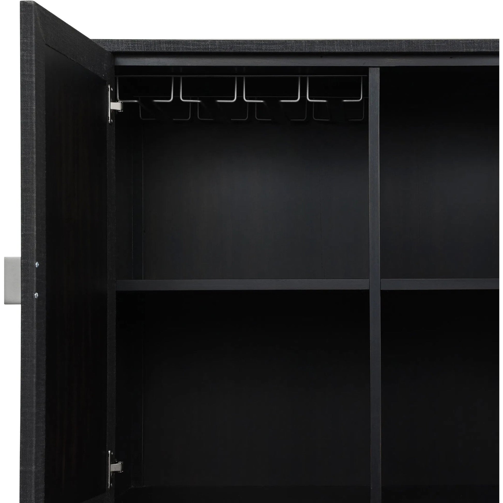 Cressida Bar Cabinet by Four Hands in black linen, gunmetal. Made from painted linen, steel in a unique style.