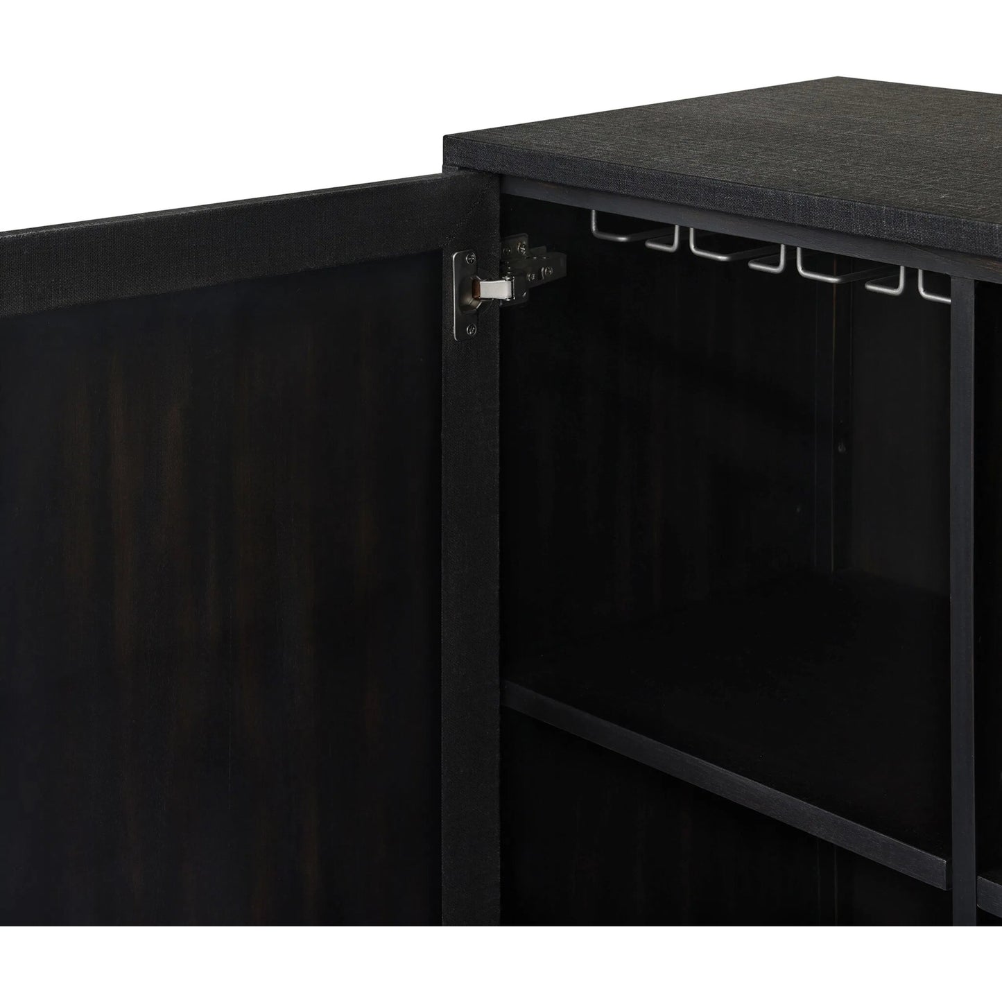 009 SI-2635291 | Closeup | Cressida Bar Cabinet by Four Hands in black linen, gunmetal. Made from painted linen, steel in a unique style.
