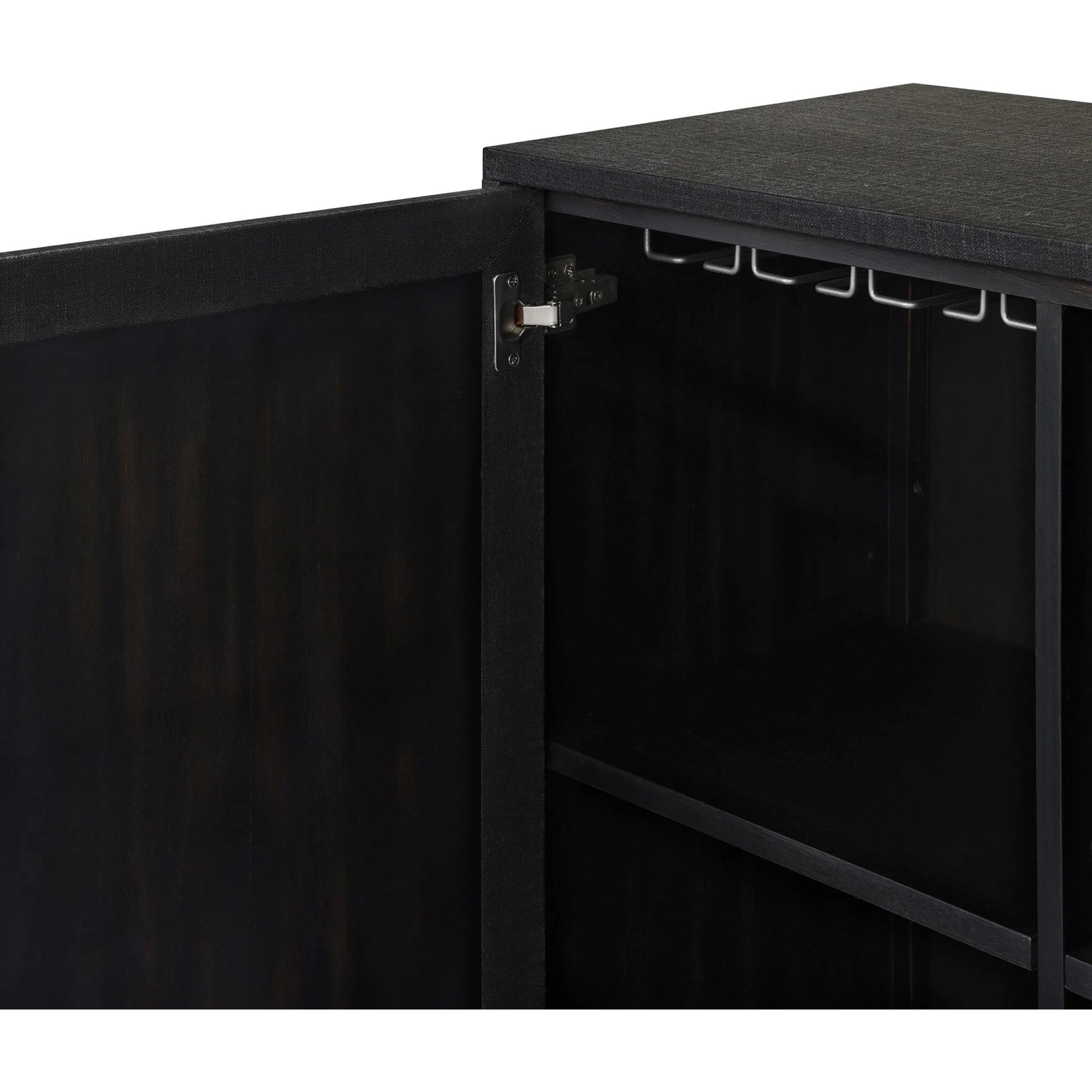Cressida Bar Cabinet by Four Hands in black linen, gunmetal. Made from painted linen, steel in a unique style.