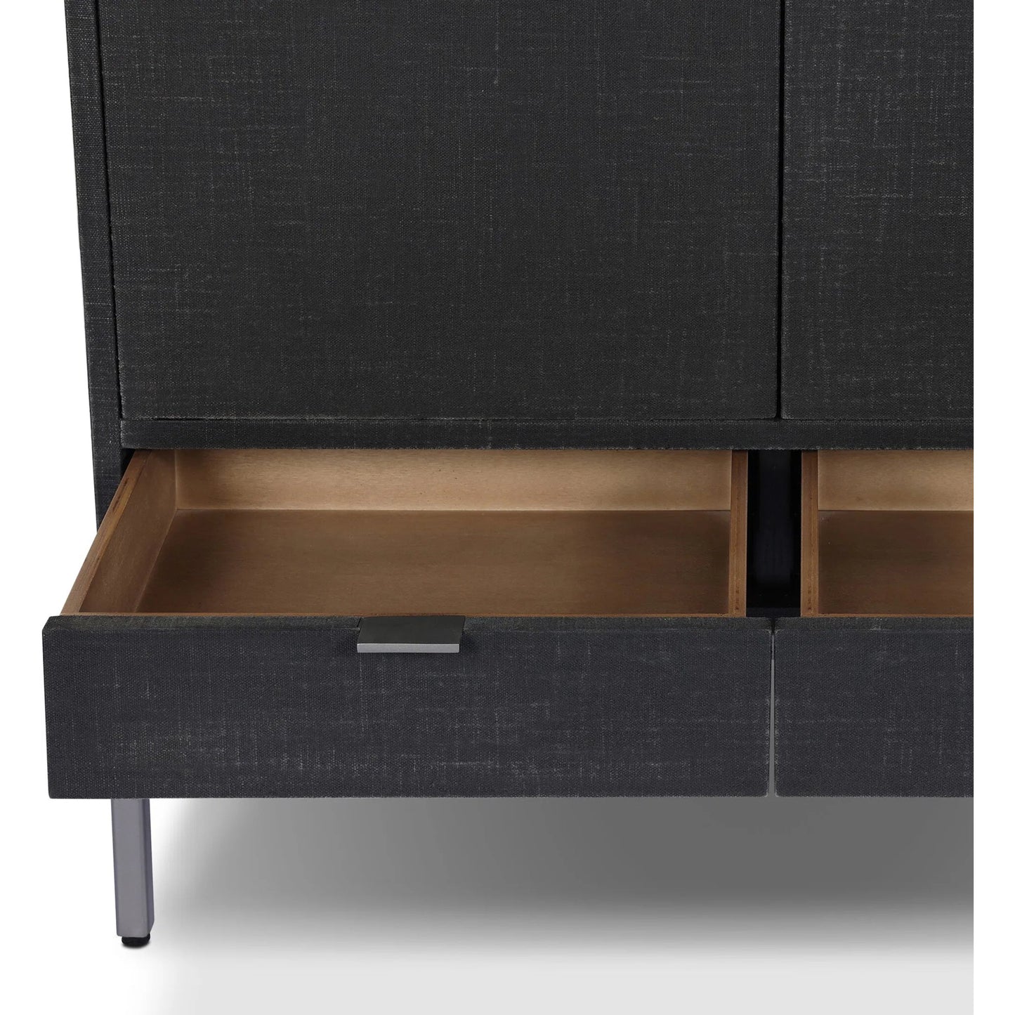 010 SI-2635291 | Closeup | Cressida Bar Cabinet by Four Hands in black linen, gunmetal. Made from painted linen, steel in a unique style.