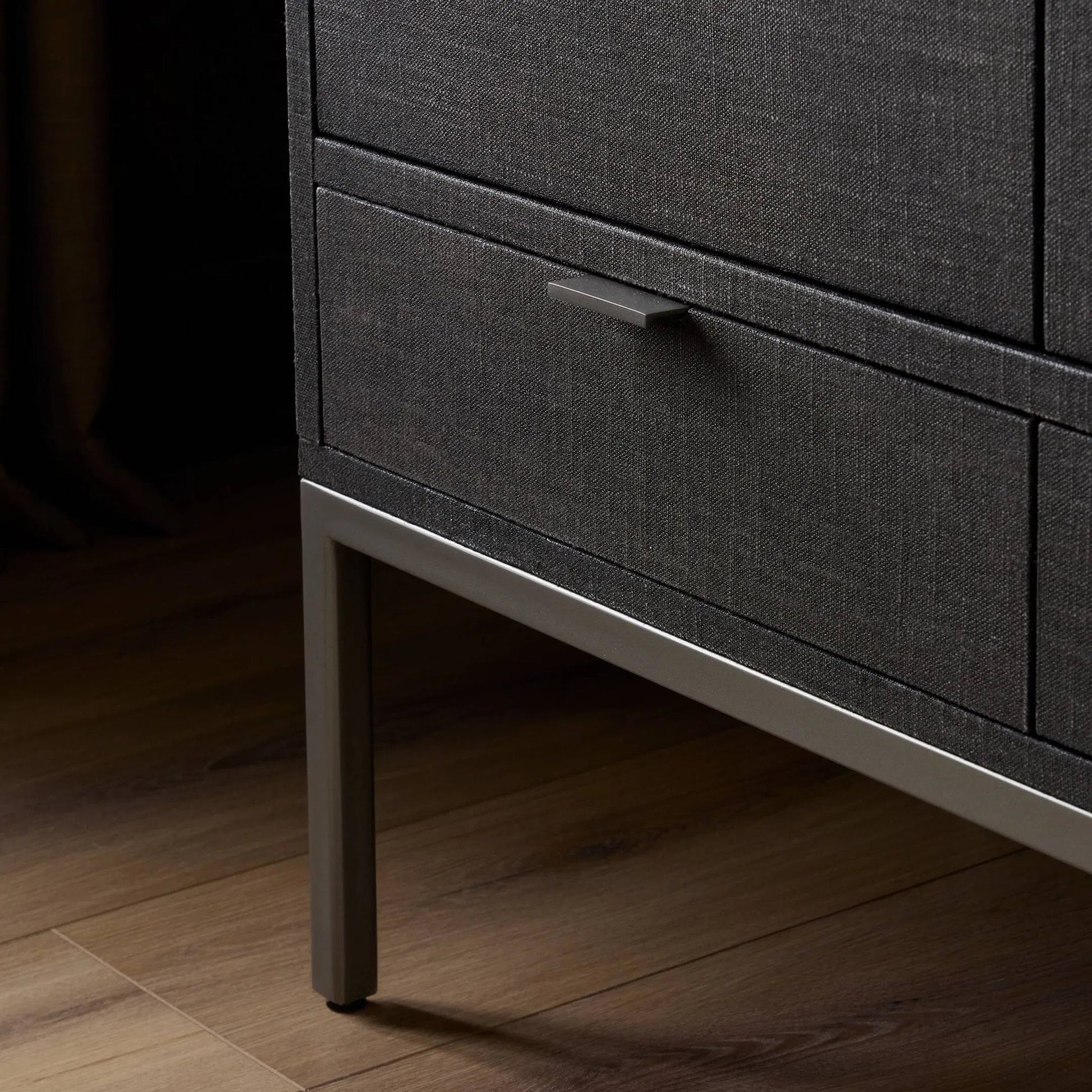 Cressida Bar Cabinet by Four Hands in black linen, gunmetal. Made from painted linen, steel in a unique style.
