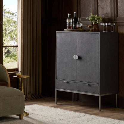 Cressida Bar Cabinet by Four Hands in black linen, gunmetal. Made from painted linen, steel in a unique style.