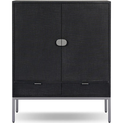 Cressida Bar Cabinet by Four Hands in black linen, gunmetal. Made from painted linen, steel in a unique style.