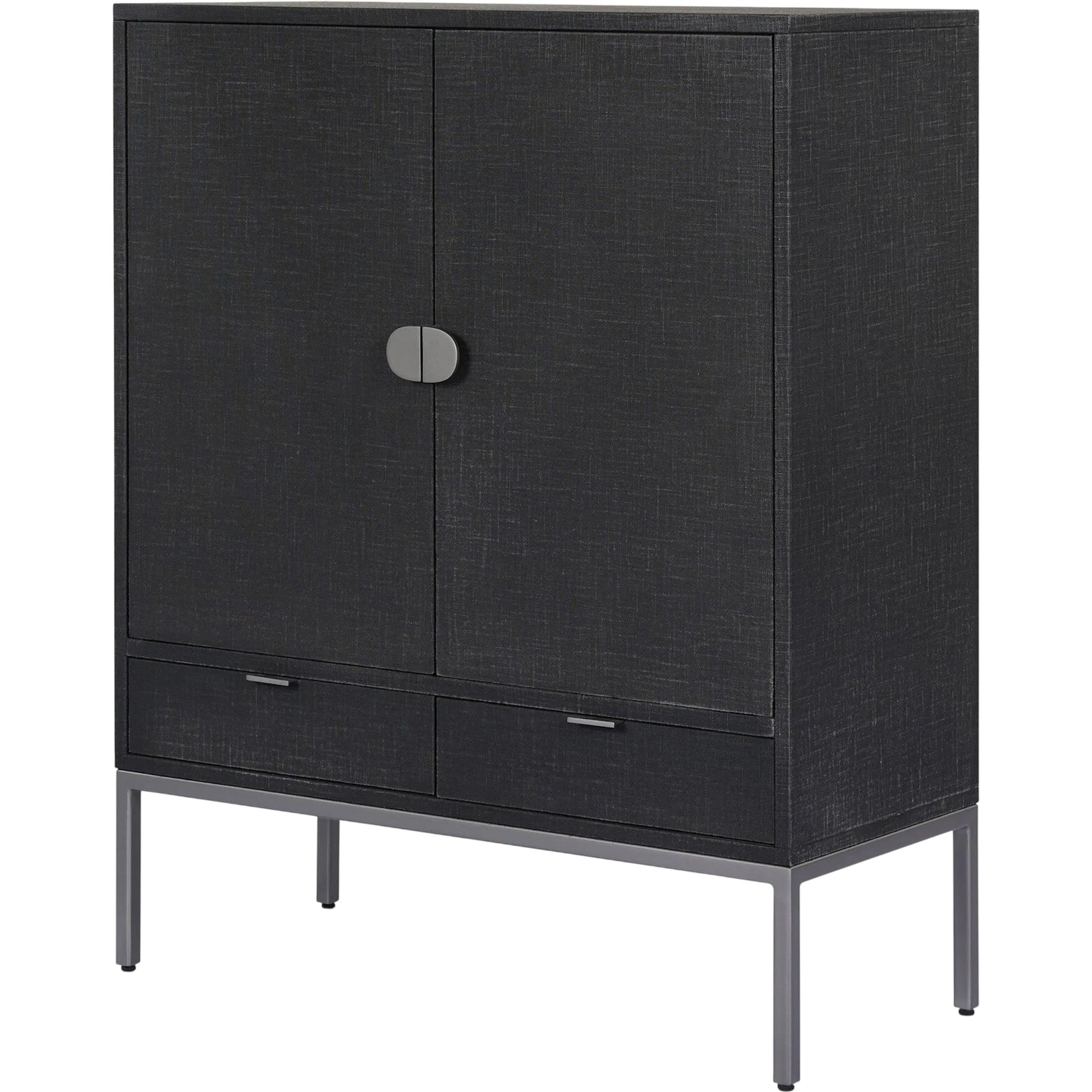 Cressida Bar Cabinet by Four Hands in black linen, gunmetal. Made from painted linen, steel in a unique style.