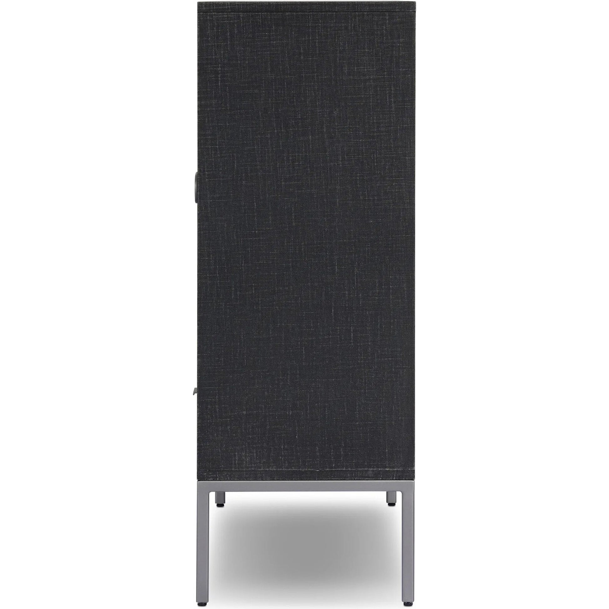 Cressida Bar Cabinet by Four Hands in black linen, gunmetal. Made from painted linen, steel in a unique style.
