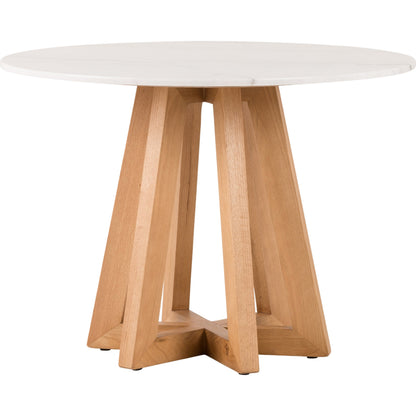 Creston Dining Table by Four Hands in honey oak, honey oak veneer, white marble and honey oak, white marble. Made from solid marble, oak veneer, solid oak in a coastal style.