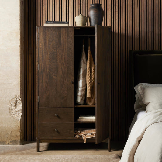 Ophelia Armoire by Four Hands in aged brown, gunmetal. Made from solid mango in a modern style.