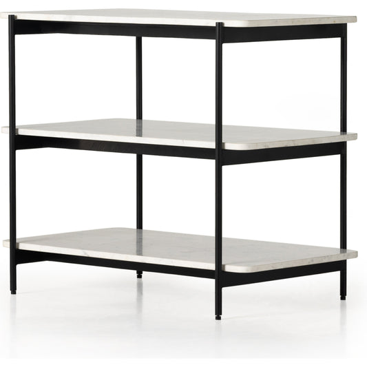 Jasper Nightstand by Four Hands in iron matte black, polished white marble. Made from iron, solid marble, engineered hardwood in a transitional style.