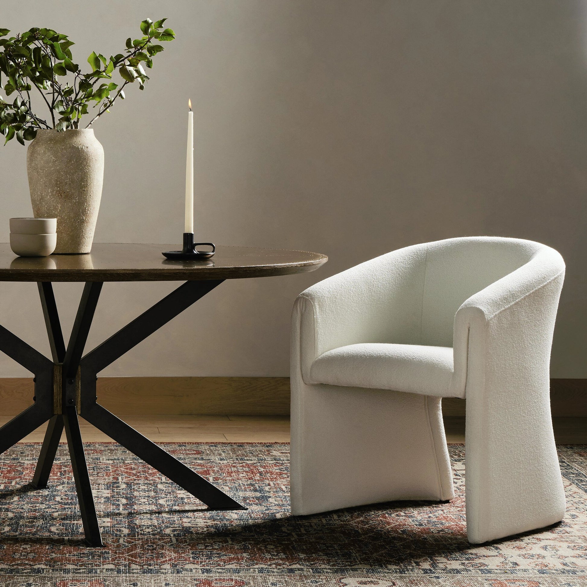 Elmore Dining Chair by Four Hands in portland cream. Made from 100% polyester, 90% polyurethane foam, 10% fiber in a modern style.