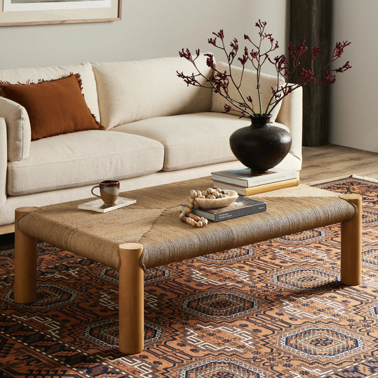 Olin Coffee Table by Four Hands in light wash mahogany. Made from sugar palm, solid mahogany in a modern style.