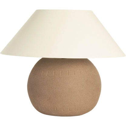 Honus Table Lamp by Four Hands in dark sand, ivory linen. Made from ceramic, 65% polyester, 35% flax, linen, thermoplastic in a modern style.