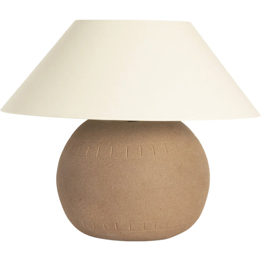 Honus Table Lamp by Four Hands in dark sand, ivory linen. Made from ceramic, 65% polyester, 35% flax, linen, thermoplastic in a modern style.