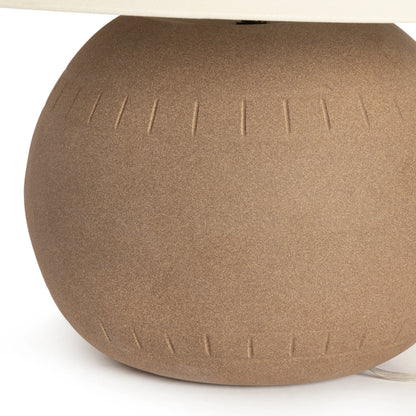 Honus Table Lamp by Four Hands in dark sand, ivory linen. Made from ceramic, 65% polyester, 35% flax, linen, thermoplastic in a modern style.