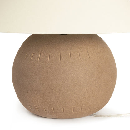 Honus Table Lamp by Four Hands in dark sand, ivory linen. Made from ceramic, 65% polyester, 35% flax, linen, thermoplastic in a modern style.