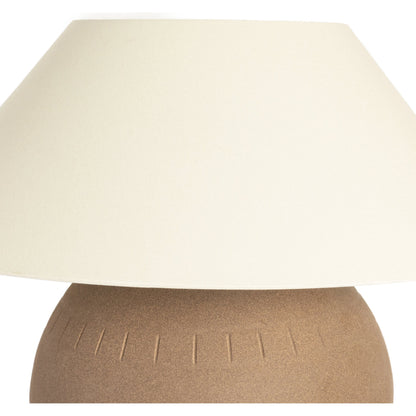 Honus Table Lamp by Four Hands in dark sand, ivory linen. Made from ceramic, 65% polyester, 35% flax, linen, thermoplastic in a modern style.