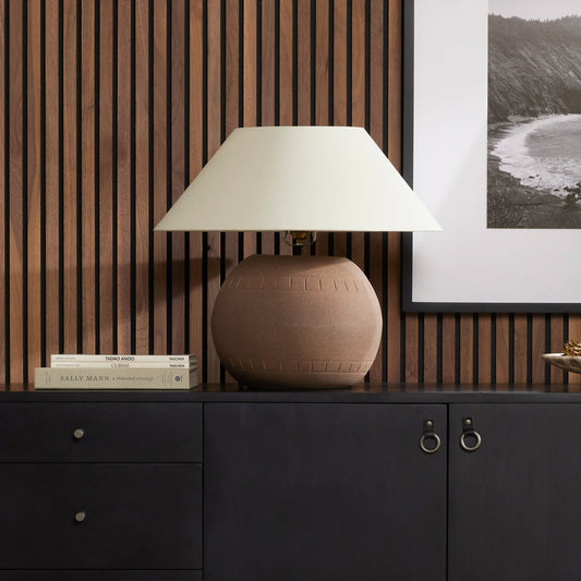 Honus Table Lamp by Four Hands in dark sand, ivory linen. Made from ceramic, 65% polyester, 35% flax, linen, thermoplastic in a modern style.