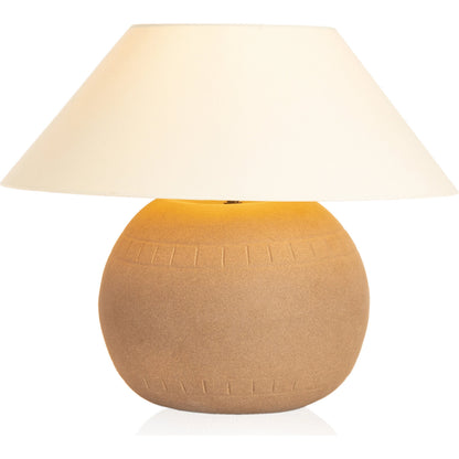 Honus Table Lamp by Four Hands in dark sand, ivory linen. Made from ceramic, 65% polyester, 35% flax, linen, thermoplastic in a modern style.