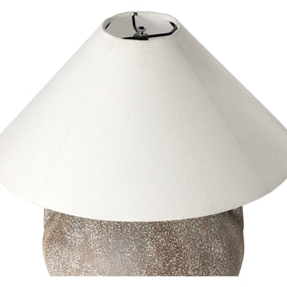 Mays Table Lamp by Four Hands in light sand porcelain. Made from ceramic, 65% polyester, 35% flax, linen, thermoplastic in a modern style.