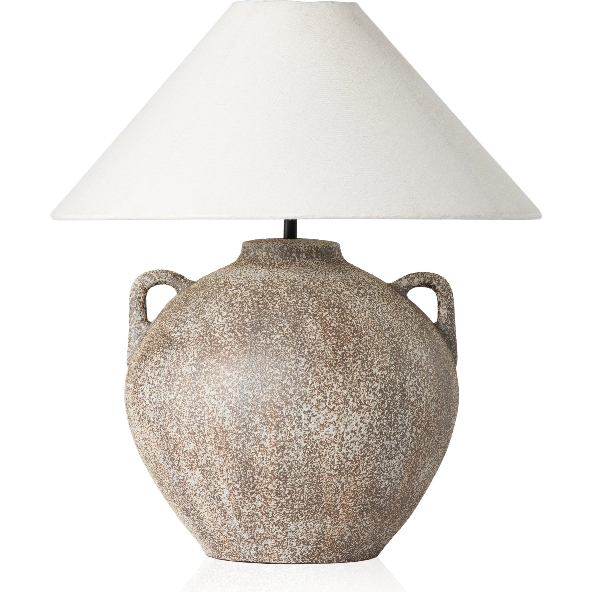 Mays Table Lamp by Four Hands in light sand porcelain. Made from ceramic, 65% polyester, 35% flax, linen, thermoplastic in a modern style.