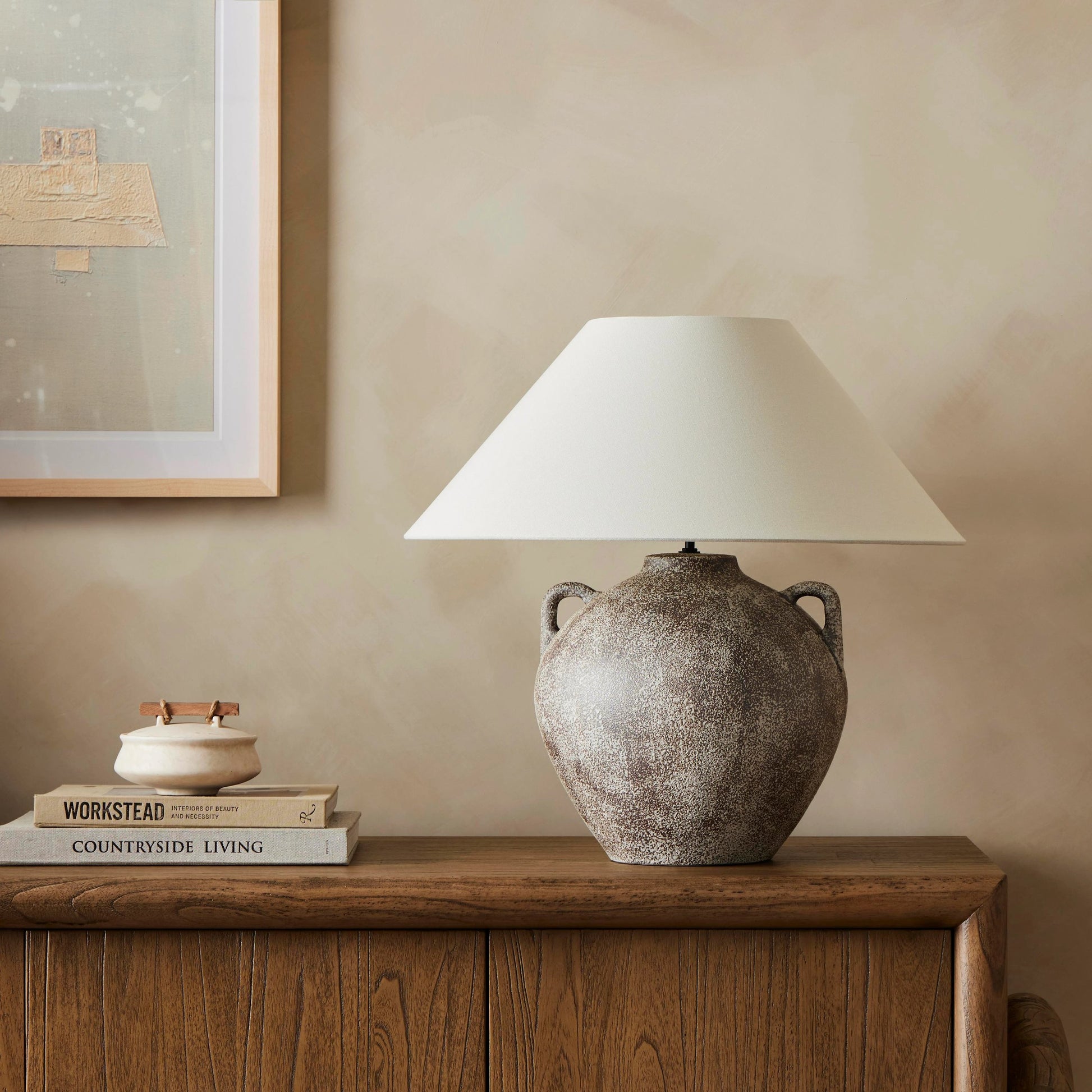 Mays Table Lamp by Four Hands in light sand porcelain. Made from ceramic, 65% polyester, 35% flax, linen, thermoplastic in a modern style.