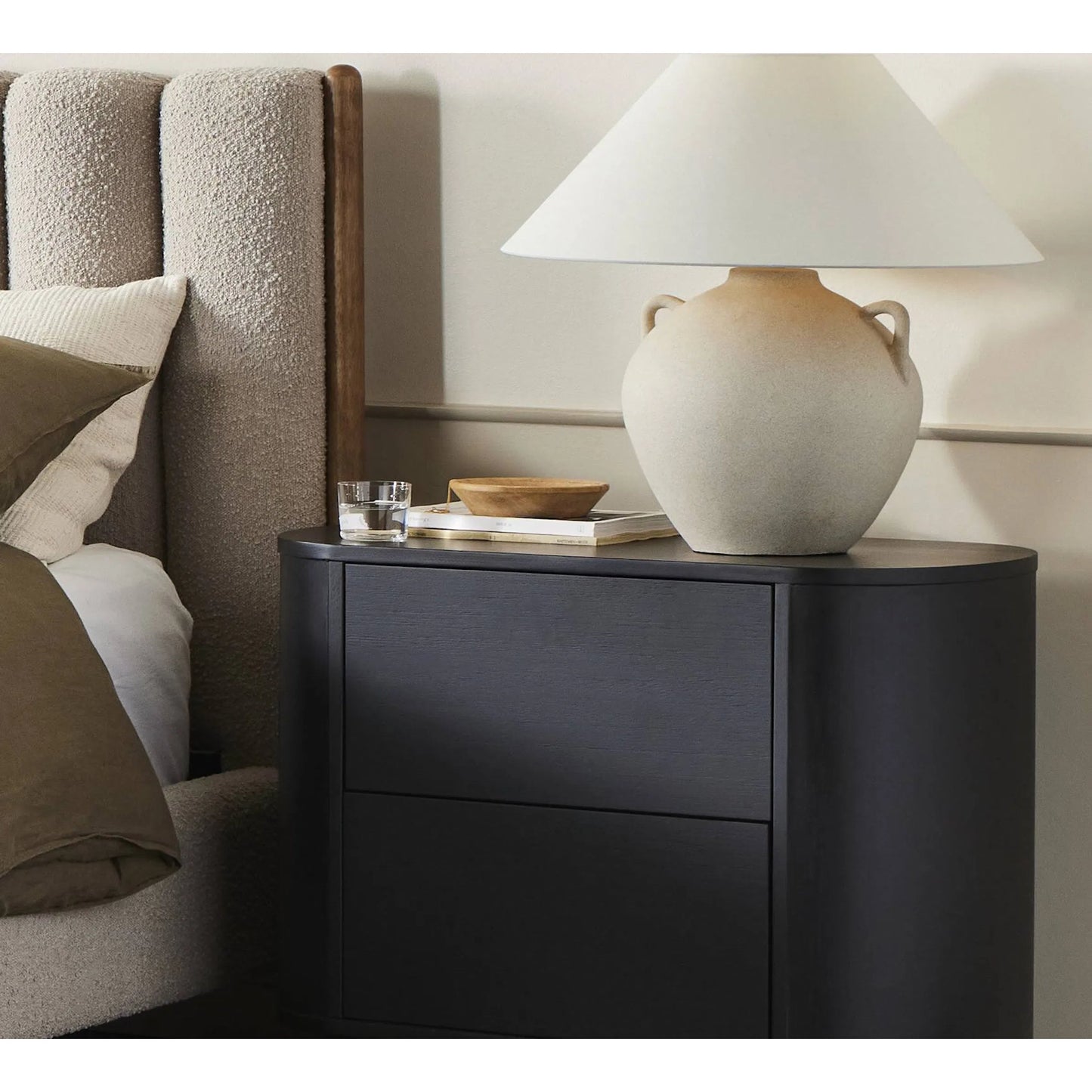 006 SI-1980573 | Lifestyle | Mays Table Lamp by Four Hands in light sand porcelain. Made from ceramic, 65% polyester, 35% flax, linen, thermoplastic in a modern style.