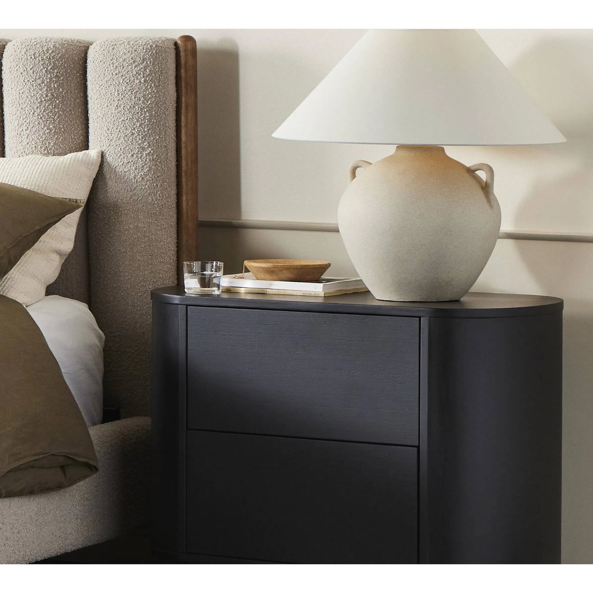 Mays Table Lamp by Four Hands in light sand porcelain. Made from ceramic, 65% polyester, 35% flax, linen, thermoplastic in a modern style.