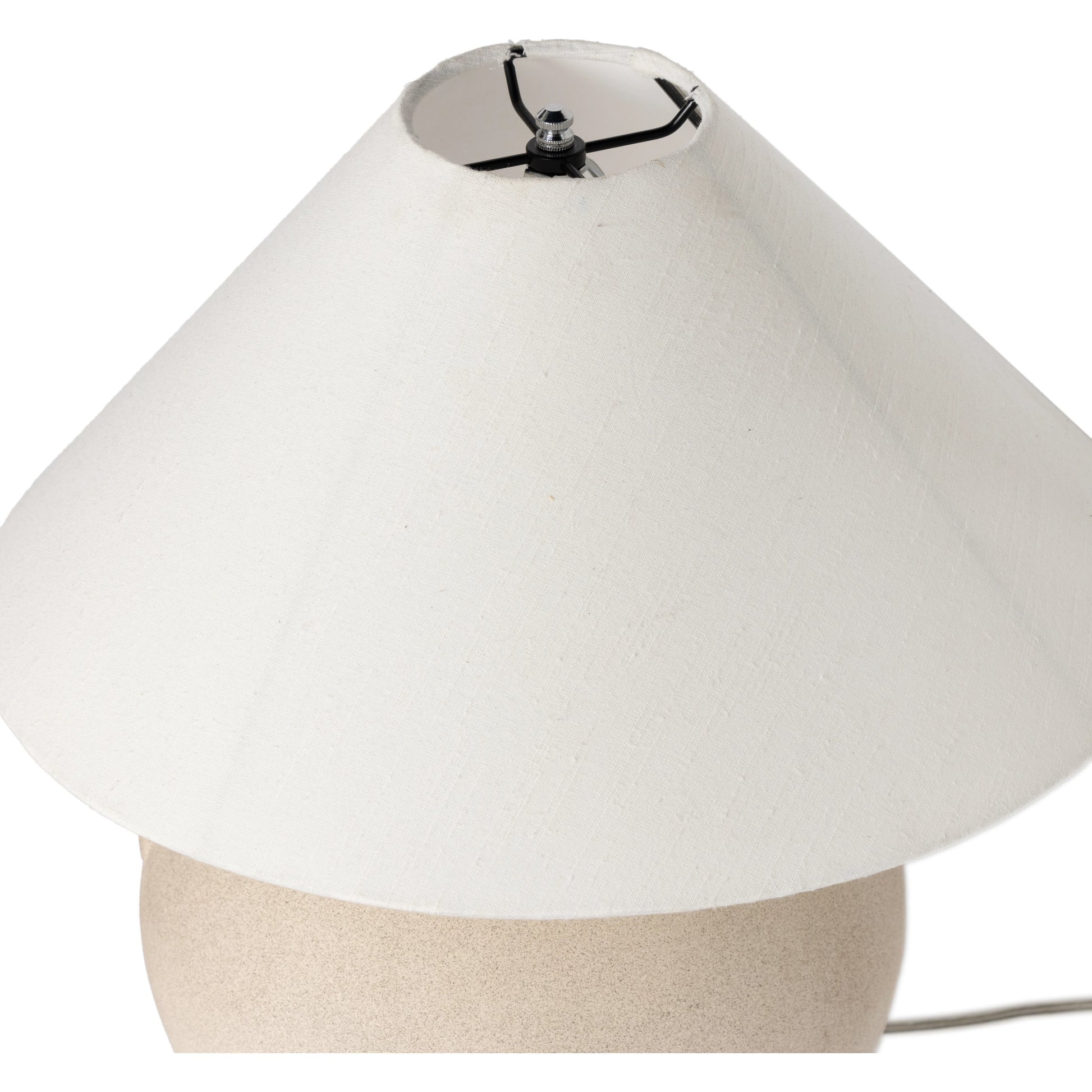 Mays Table Lamp by Four Hands in light sand porcelain. Made from ceramic, 65% polyester, 35% flax, linen, thermoplastic in a modern style.