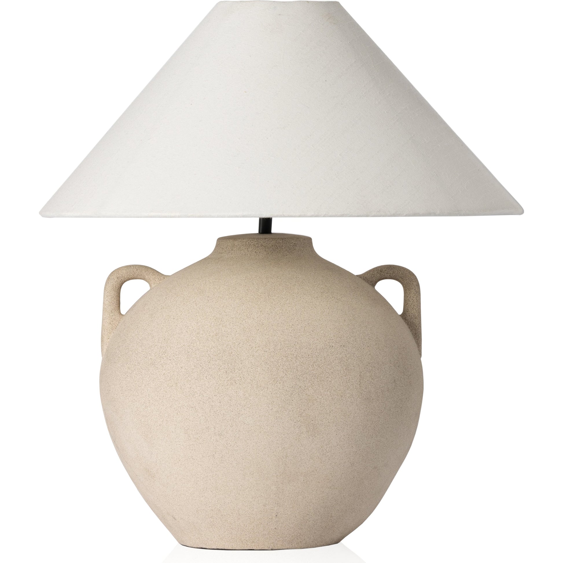 Mays Table Lamp by Four Hands in light sand porcelain. Made from ceramic, 65% polyester, 35% flax, linen, thermoplastic in a modern style.