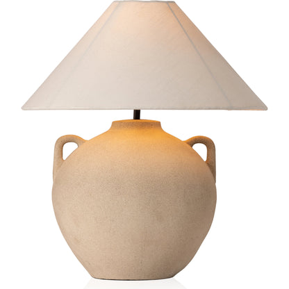 Mays Table Lamp by Four Hands in light sand porcelain. Made from ceramic, 65% polyester, 35% flax, linen, thermoplastic in a modern style.