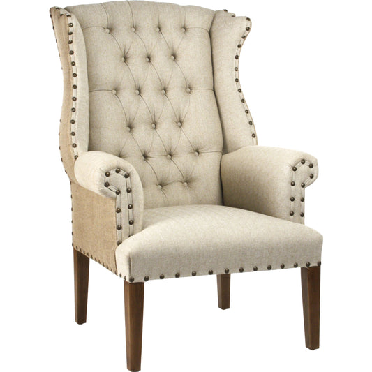 Tufted Wing Chair by Zentique in antique natural linen, burlap and hardwood maple. Made from hardwood maple in a traditional style.