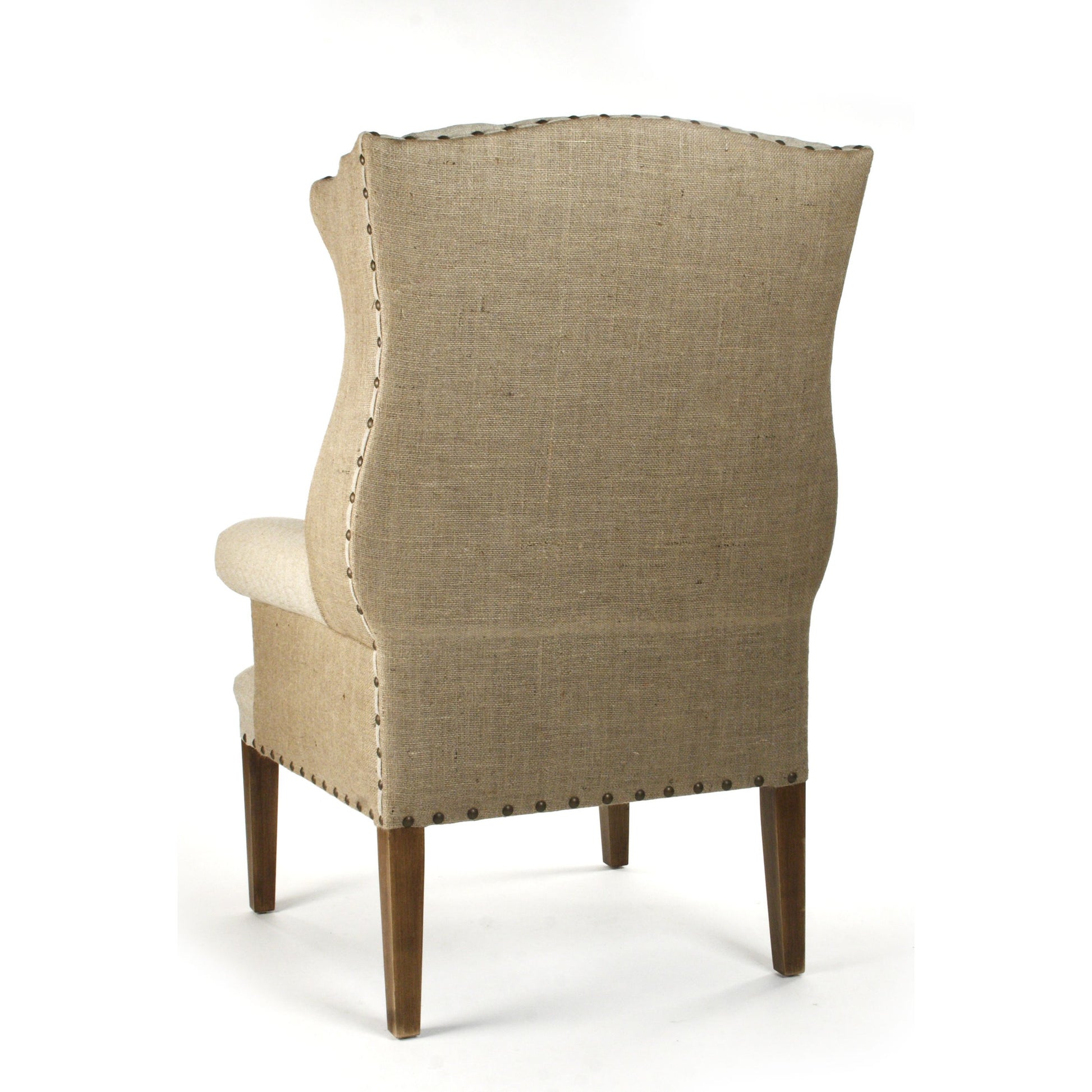 Tufted Wing Chair by Zentique in antique natural linen, burlap and hardwood maple. Made from hardwood maple in a traditional style.