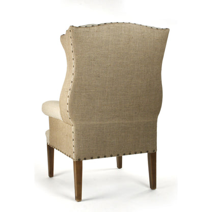 Tufted Wing Chair by Zentique in antique natural linen, burlap and hardwood maple. Made from hardwood maple in a traditional style.