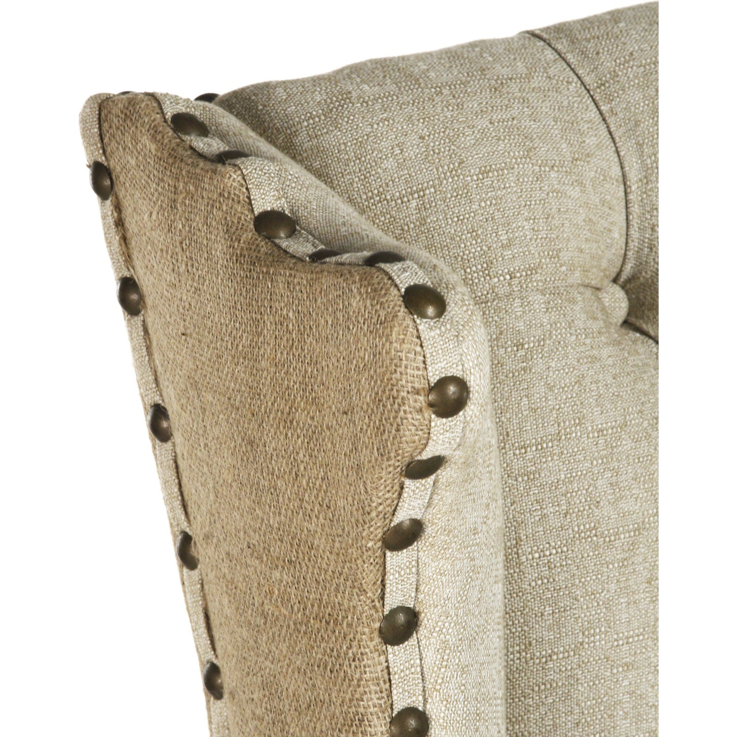 004 S-336329 | Additional Silo | Tufted Wing Chair by Zentique in antique natural linen, burlap and hardwood maple. Made from hardwood maple in a traditional style.