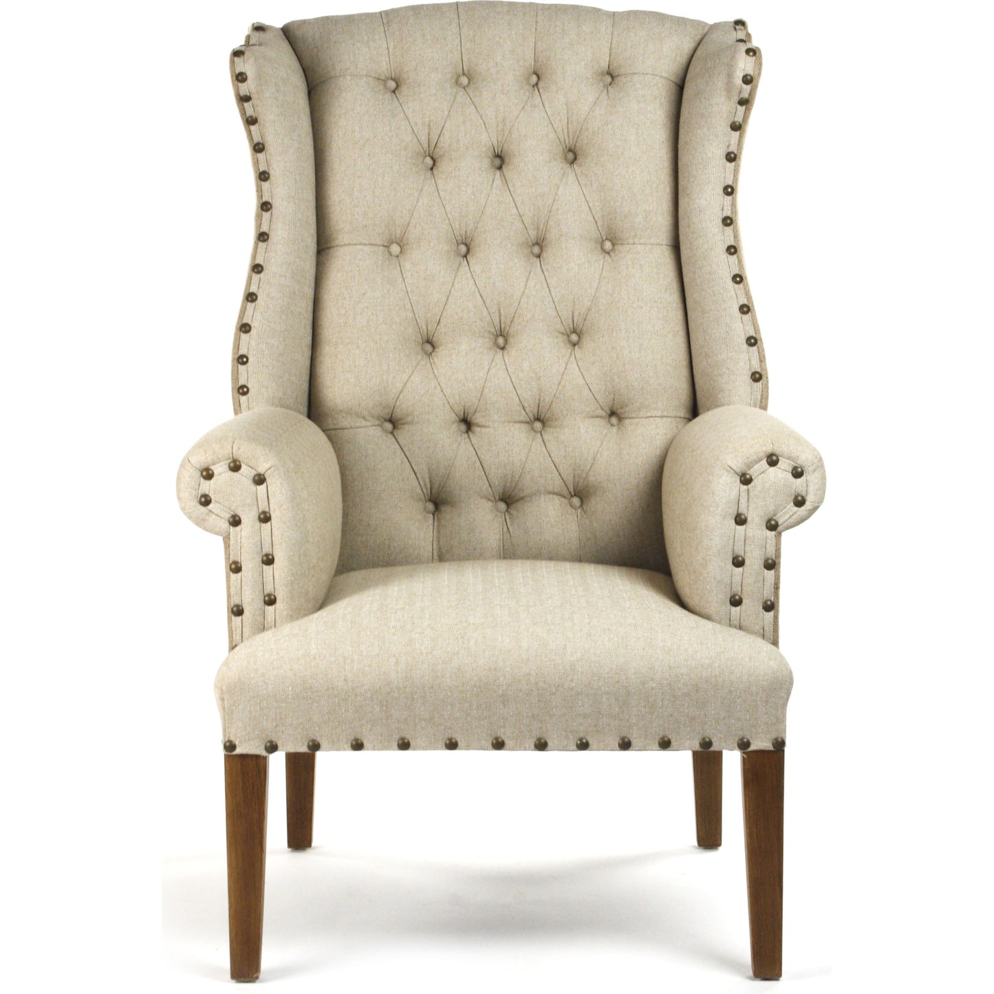 000 S-336329 | Primary Silo | Tufted Wing Chair by Zentique in antique natural linen, burlap and hardwood maple. Made from hardwood maple in a traditional style.