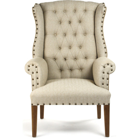 Tufted Wing Chair by Zentique in antique natural linen, burlap and hardwood maple. Made from hardwood maple in a traditional style.
