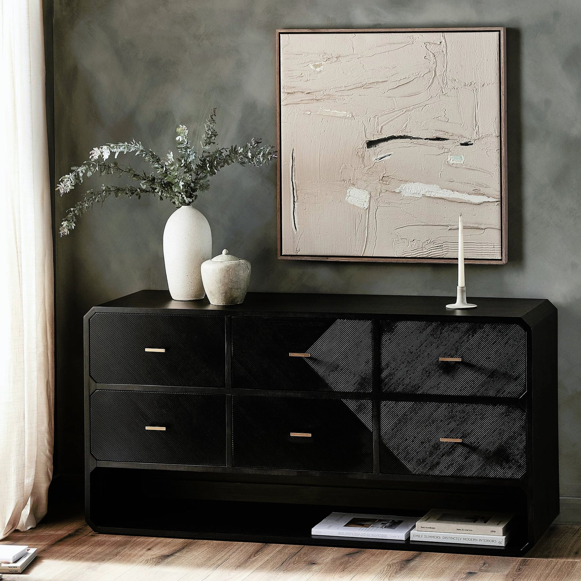 Caspian 6 Drawer Dresser by Four Hands. Made from ash veneer, resawn, iron in a eclectic & global style.