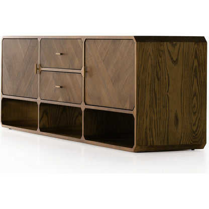 Caspian Media Console by Four Hands. Made from ash veneer, resawn, iron in a eclectic & global style.