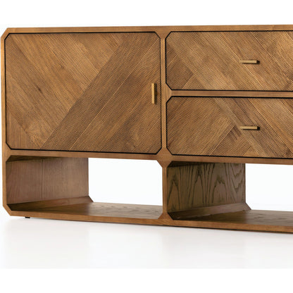Caspian Media Console by Four Hands. Made from ash veneer, resawn, iron in a eclectic & global style.