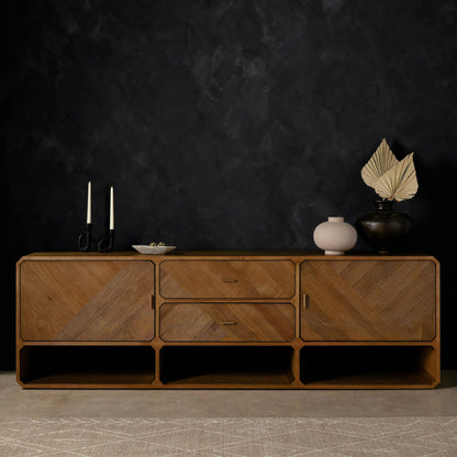 Caspian Media Console by Four Hands. Made from ash veneer, resawn, iron in a eclectic & global style.