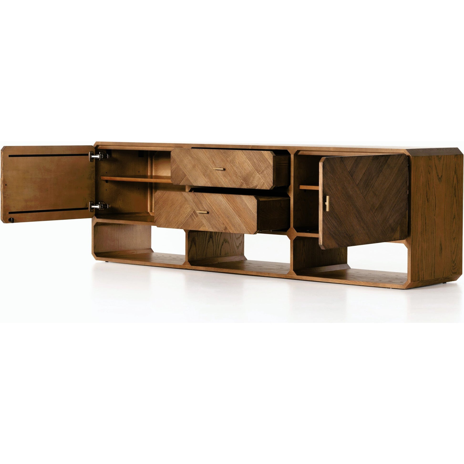 Caspian Media Console by Four Hands. Made from ash veneer, resawn, iron in a eclectic & global style.