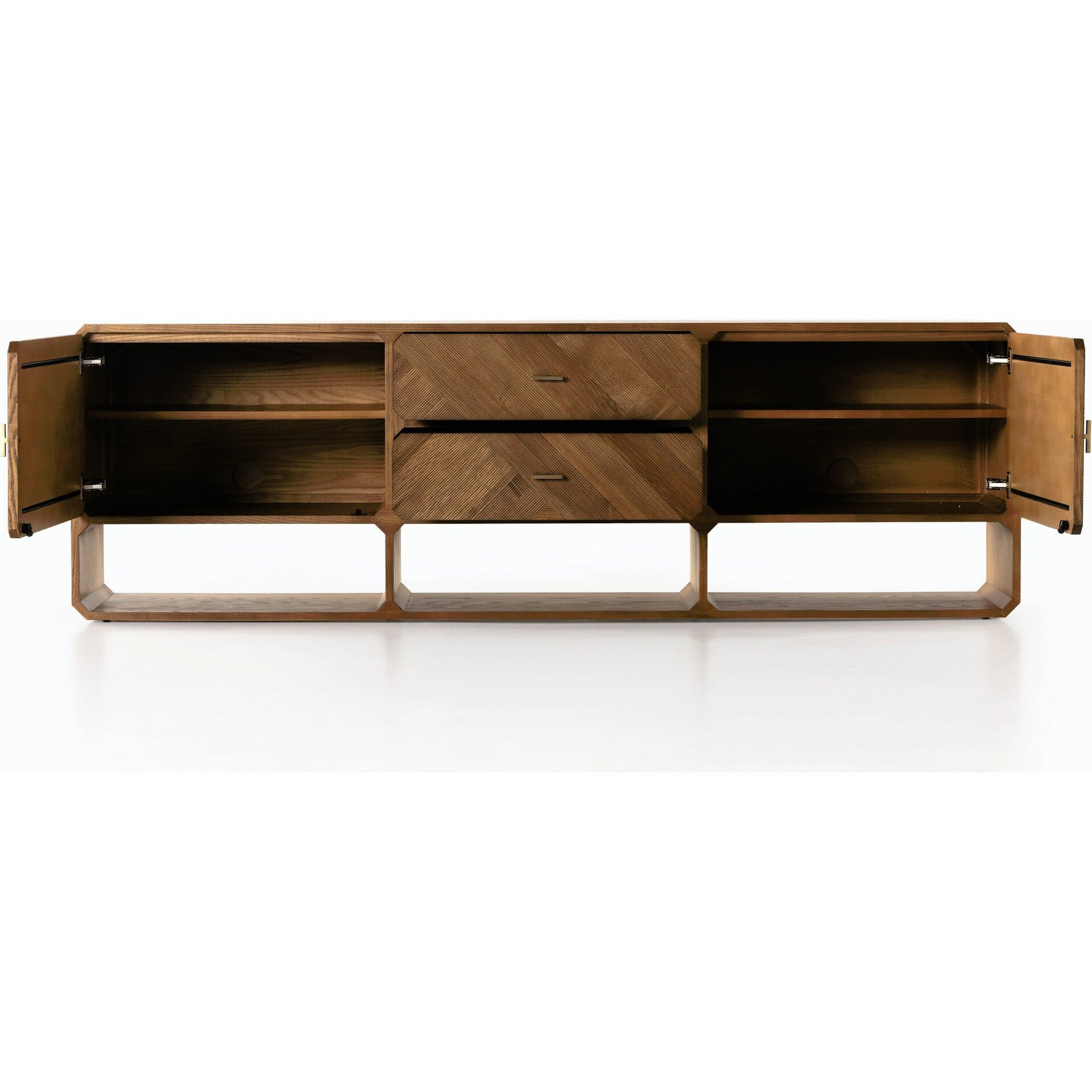 Caspian Media Console by Four Hands. Made from ash veneer, resawn, iron in a eclectic & global style.