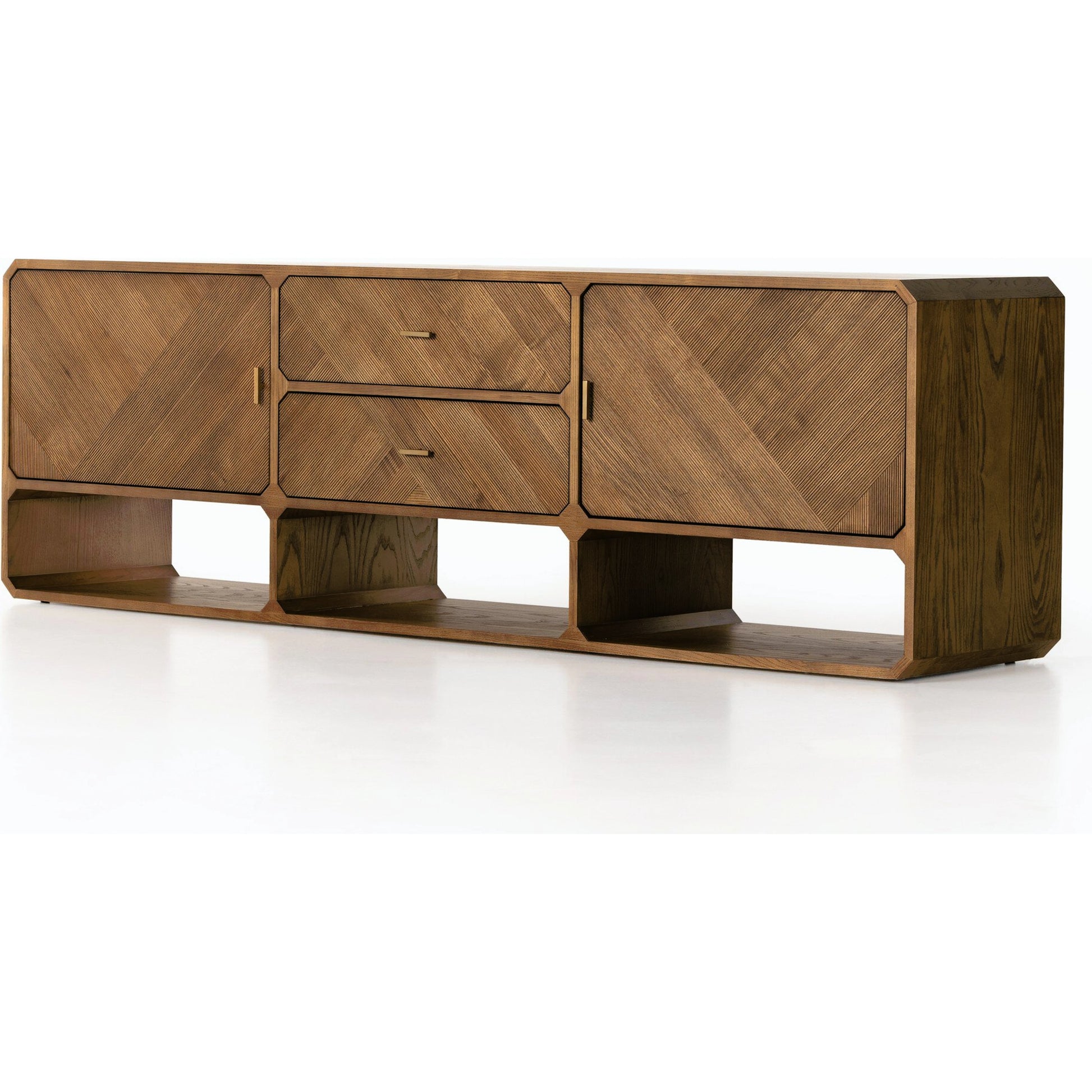 Caspian Media Console by Four Hands. Made from ash veneer, resawn, iron in a eclectic & global style.