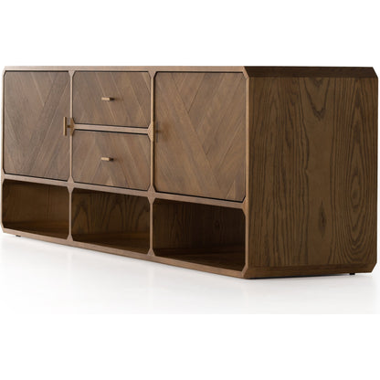 Caspian Media Console by Four Hands. Made from ash veneer, resawn, iron in a eclectic & global style.